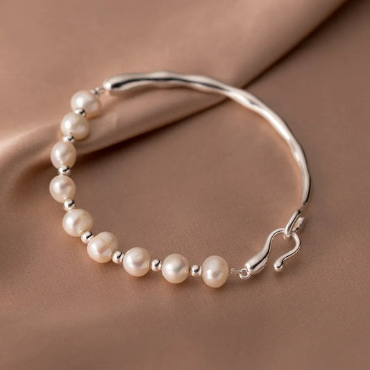 Luckacco 925 Sterling Silver Pearl Beads Bracelet for Women Girls Vintage Irregular Metal Charm Bangles Luxury Fashion Party Jewelry Gift