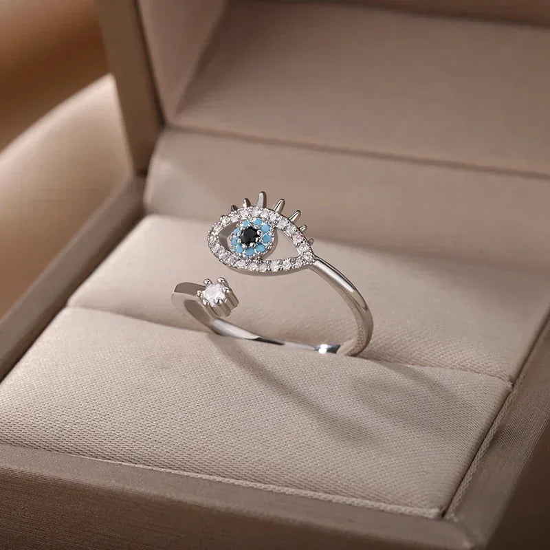 luckacco silver plated evil eye rings for women stainless steel turkish zircon demon eye couple ring vintage emo jewelry anillos mujer