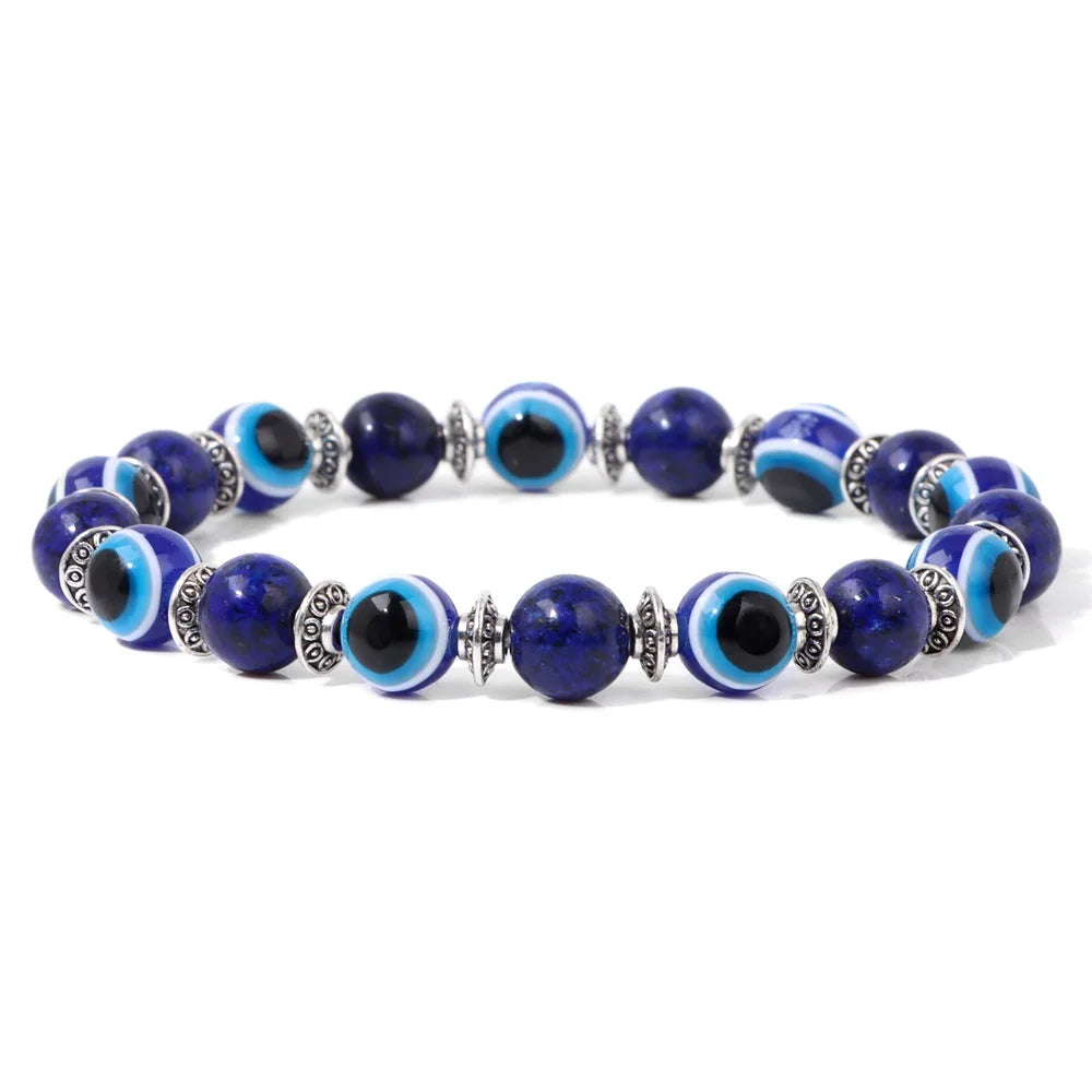 luckacco lucky evil eye beads bracelet natural stone lava hematite bracelet set multilayer bracelets women men handmade elastic jewelry