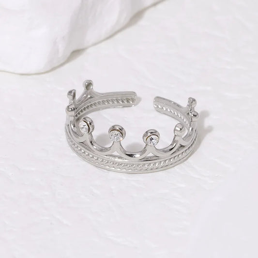 Luckacco Luxury Trendy Gold Color Stainless Steel Zircon Crown Couple Rings for Women Men Charm Party Finger Jewelry Colorfast Gift