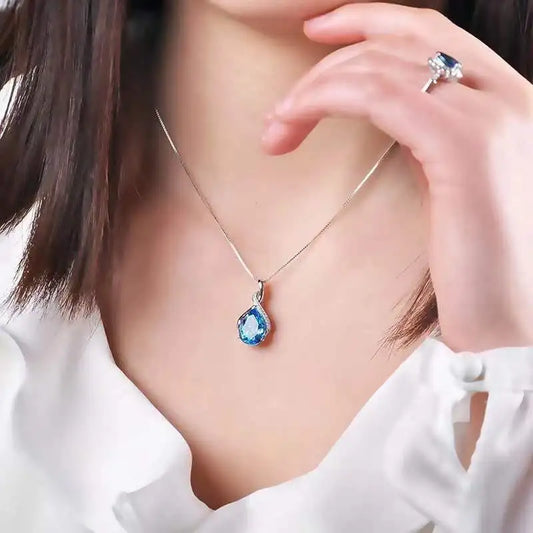 Luckacco Buyee 925 Sterling Silver Female Stone Pendant Chain Natural Amethyst & Aquamarine Necklace for Women Fashion Fine Jewelry Chain