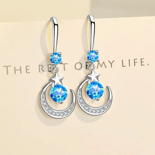Luckacco Female Fashion Star Moon Earrings 925 Sterling Silver White Sapphire Pink Blue White Artificial Dangle Earrings