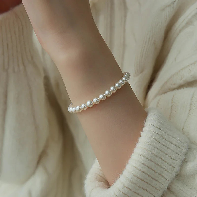 luckacco 4mm-10mm french retro simple white pearl elastic bracelet women's hand bracelets birthday party gift fashion jewelry