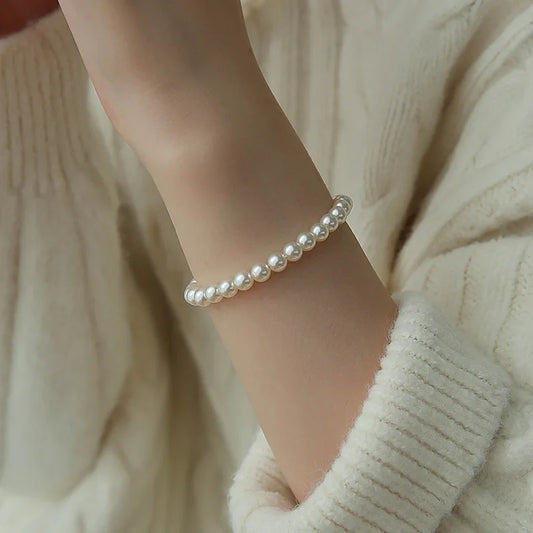 Luckacco 4MM-10MM French Retro Simple White Pearl Elastic Bracelet Women's Hand Bracelets Birthday Party Gift Fashion Jewelry