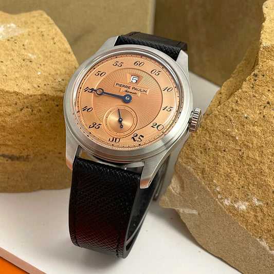 Luckacco Spot goods NEW Pierre Paulin Jumping Hour Men Watch Salmon Dial Automatic St17 Mechanical Watch Vintage Bonklip bracelet