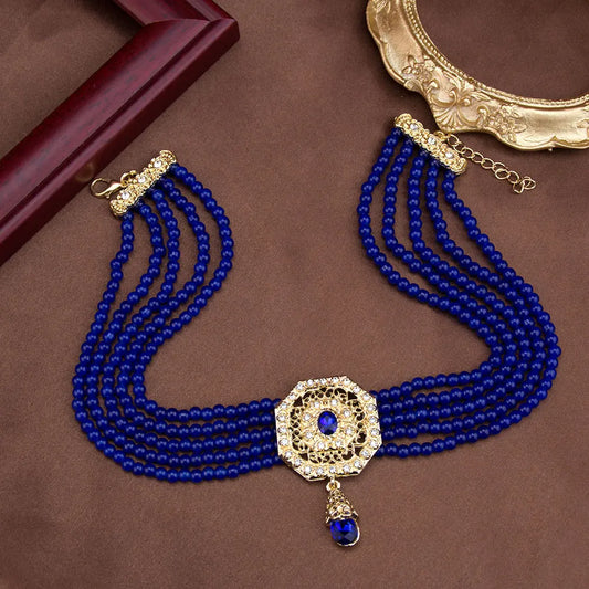 Luckacco Sunspicems Chic Morocco Jewelry Bead Chain Choker Necklace For Women Gold Color Square Mesh Pendnat Arabic Bridal Wedding Bijoux