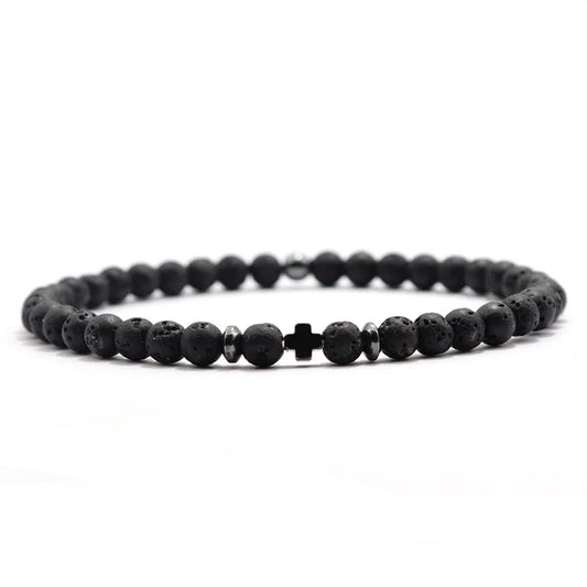 Luckacco New Fashion Cross Bracelet For Men 4mm Small Beads Strand Braslet Natural Red Howlite Lava Stone Braclet Hematite Healing Joias