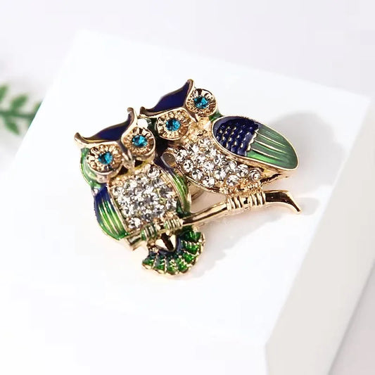 Luckacco Trendy Double Owl Brooches Rhinestone Brooch Badge Pin Bird Animal Party Casual Suit Decoration Badge For Women Corsage Gifts