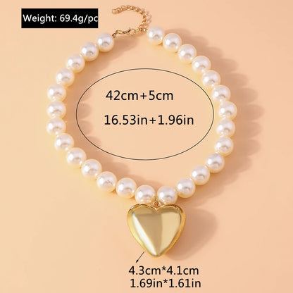 Luckacco Exaggerated Imitation Pearl Beads Necklace for Women CCB Big Heart Pendant Choker Necklace Jewelry Gift
