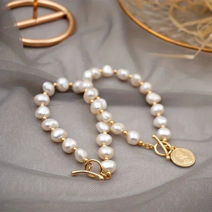 Luckacco DAINASHI 7-8mm Baroque Natural Freshwater Pearl Charm Bracelet for Women OT Clasp Women's Hand Bracelet Jewelry Gifts