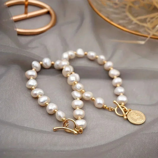 Luckacco DAINASHI 7-8mm Baroque Natural Freshwater Pearl Charm Bracelet for Women OT Clasp Women's Hand Bracelet Jewelry Gifts