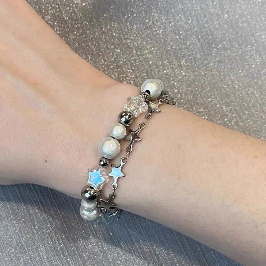 Luckacco Star Pentagram Pearl Beaded Bracelet for Women Harajuku Crystal Vintage Aesthetic Charm Double Layer Chain Bracelet Jewelry Gift