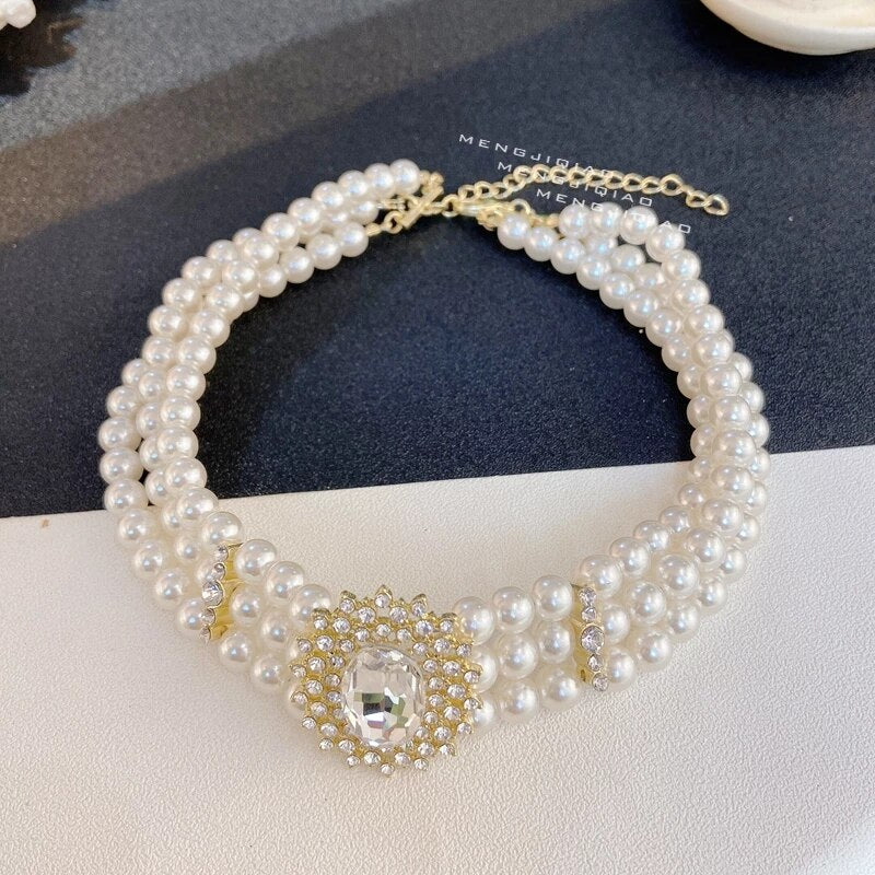 MASA Korea New Design Fashion Multilayer Exaggerated Crystal  Elegant White Pearl Female Clavicle Necklace for Woman - luckacco