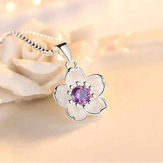 Luckacco 925 Sterling Silver Pink Purple Peach Blossom Necklaces For Women Retro Luxury Jewelry Accessories Freeshiping Items Jewellery