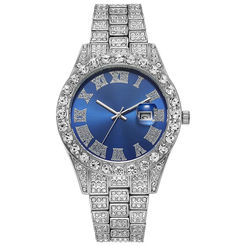 luckacco personalized hip hop watch with shiny rhinestones for men, luxury clock, band length, iced steel belt, 40mm diameter glass dial