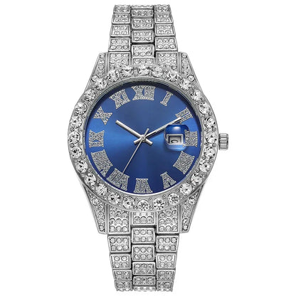 Luckacco Personalized Hip Hop Watch with Shiny Rhinestones for Men, Luxury Clock, Band Length, Iced Steel Belt, 40mm Diameter Glass Dial