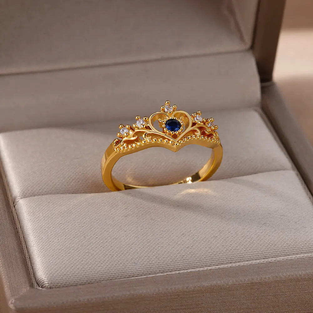 luckacco blue zircon crown rings for women stainless steel adjustable crown ring 2023 trend design female wedding jewerly