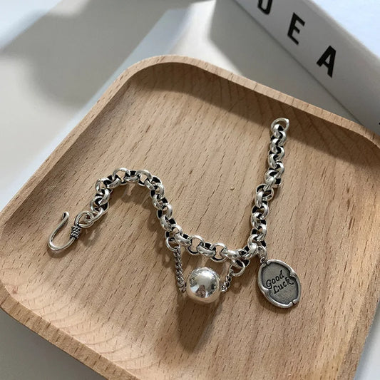 Luckacco New 925 Silver Geometric Bead Punk Peace of Mind Words Irregular String Bracelet For Woman Girl Fashion Jewelry Gift Dropship