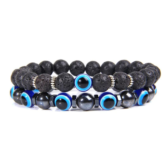 Luckacco Lucky Evil Eye Beads Bracelet Natural Stone Lava Hematite Bracelet Set Multilayer Bracelets Women Men Handmade Elastic Jewelry