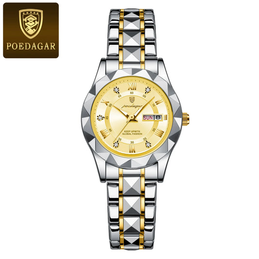 Luckacco POEDAGAR Fashion Ladies Wristwatch Week Date Luminous Waterproof Woman Watch Stainless Steel Luxury Women's Quartz Watches reloj