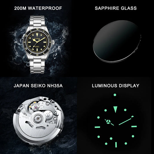 Luckacco CADISEN Luxury Men Watch 38mm Diver Vintage Automatic Business Wristwatches NH35 Mechanical Sapphire 20 Bar Mens Retro Clock