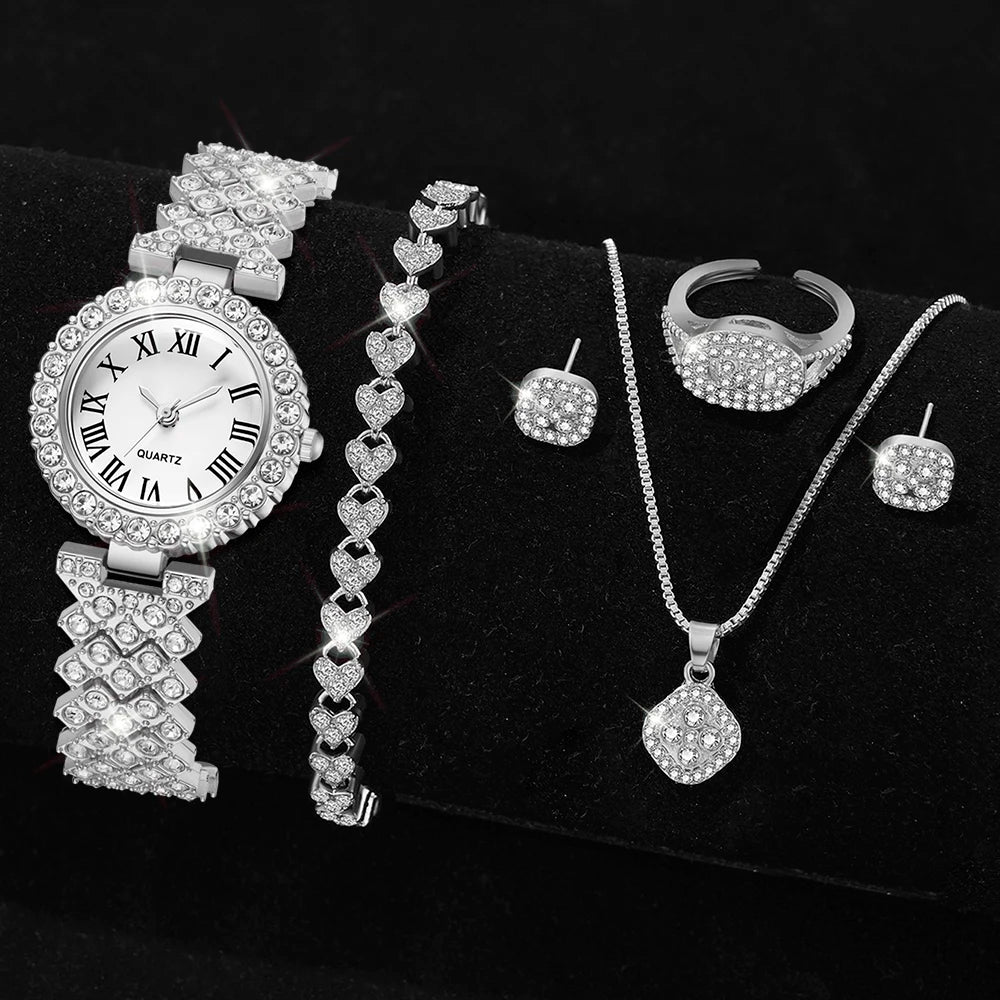 luckacco 6pcs/set silver women's watch business leisure element watch luxury dial quartz watch jewelry set gift for her