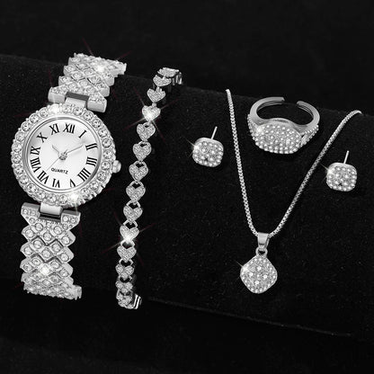 Luckacco 6PCS/SET Silver Women's Watch Business Leisure Element Watch Luxury Dial Quartz Watch Jewelry Set Gift For Her