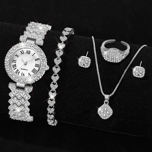 Luckacco 6PCS/SET Silver Women's Watch Business Leisure Element Watch Luxury Dial Quartz Watch Jewelry Set Gift For Her