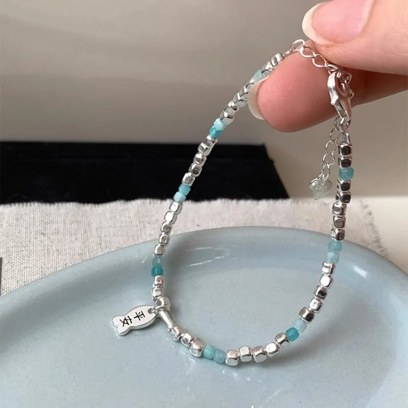 luckacco new 925 silver geometric bead punk peace of mind words irregular string bracelet for woman girl fashion jewelry gift dropship