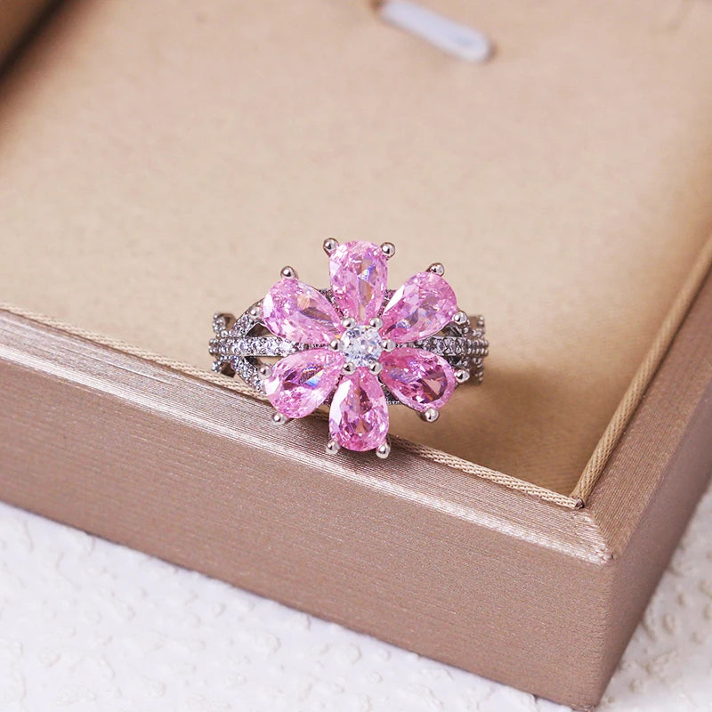 luckacco 2023 exquisite zircon women's ring pink flowers lady engagement ring party jewelry peach blossom ring fashion jewelry for women