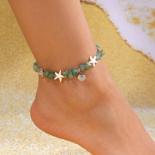 Luckacco Natural Crystal Stone Shell Bracelet Bohemian Painted Shell Starfish Anklet Beaded Bracelet For Women Beach Jewelry Gifts