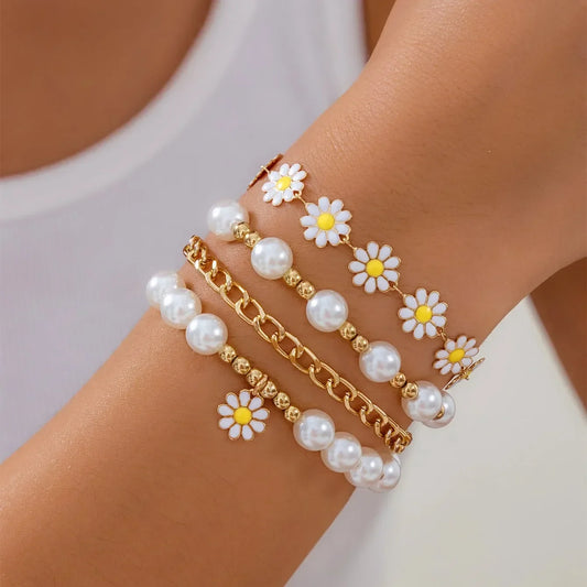 Luckacco 5pcs Set Charm Daisy Flower Pearl Heart Bracelet for Women Personality Trendy Multilayer Gold Color Zircon Jewelry Set Gift