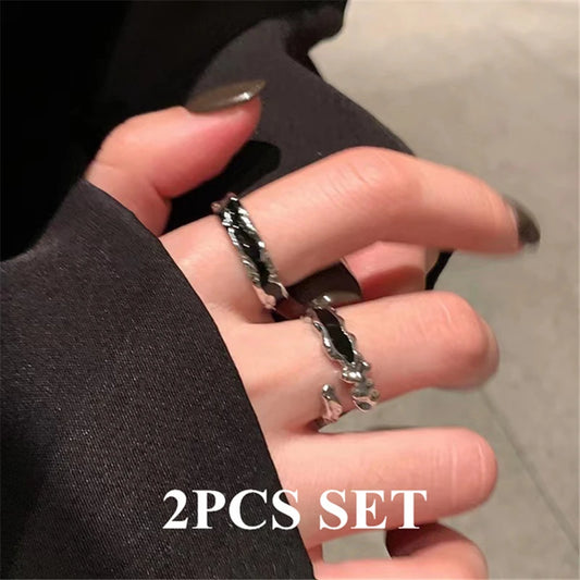 Luckacco Punk Harajuku Goth Thorns Black Silver Color Irregular Heart Cross Open Ring For Women Men Lover Vintage 90s Y2K Grunge Jewely