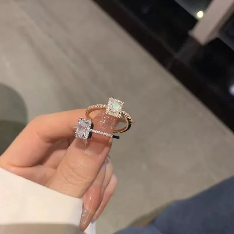 luckacco luxury classic moissanite wedding engagement rings for women square lucky ring adjustable gold color rings charm jewelry