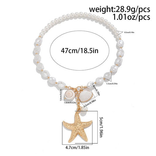 Luckacco Boho Shell Starfish Gold Color Pendant Necklace Women's 2024 Vintage  Pearl Imitation Sweet Girl Fashion Charm Beach Jewelry