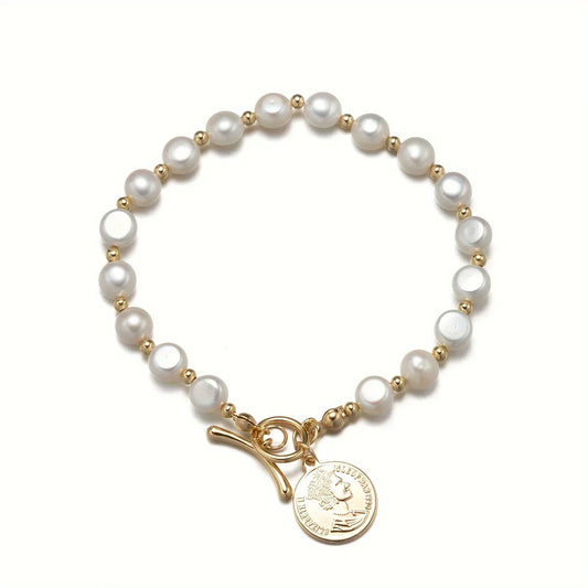 Luckacco DAINASHI 7-8mm Baroque Natural Freshwater Pearl Charm Bracelet for Women OT Clasp Women's Hand Bracelet Jewelry Gifts