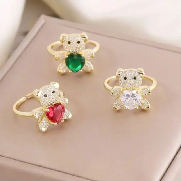 luckacco new love bear ring ins light luxury ring charm jewelry ring cute girl gift factory  zircon ring