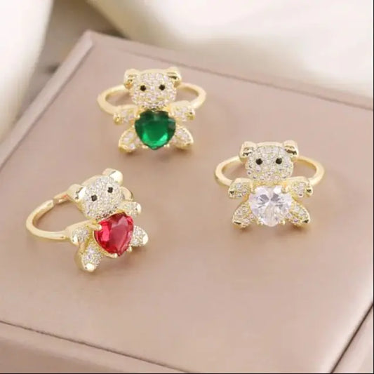 Luckacco New Love Bear Ring INS Light Luxury Ring Charm Jewelry Ring Cute Girl Gift Factory  Zircon Ring