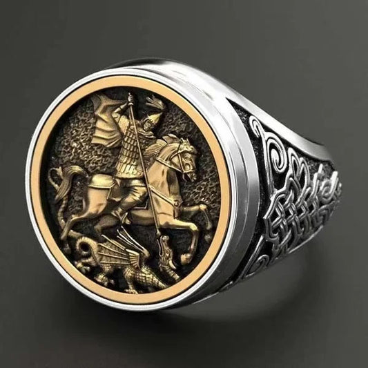 Luckacco Vintage St George and The Dragon Rings for Men Stainless Steel Jewelry Soldier's Protector Courage Luck Ring on The Battlefield