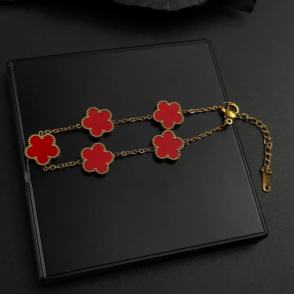 luckacco mussel five-leaf plum blossom stainless steel women's exquisite chain bracelet, 18k gold plated, light luxury, lucky jewelry