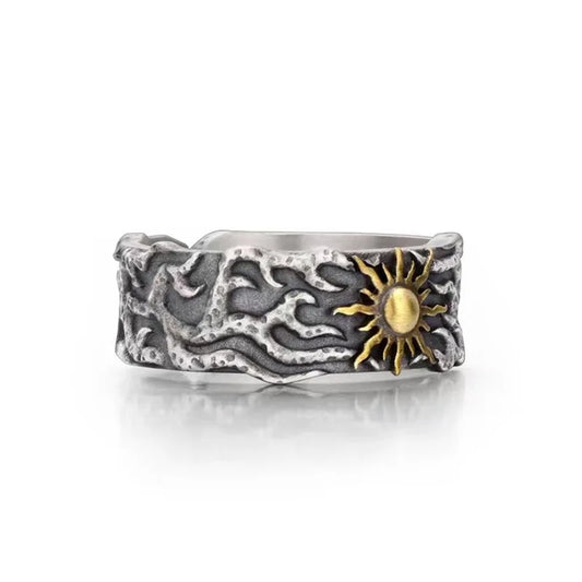 Luckacco Retro Golden Sun Ring For Men SIlver Color Punk Gothic Trendy Open Ring Handmade Designer Jewelry Unisex Accessories Lovers Gift