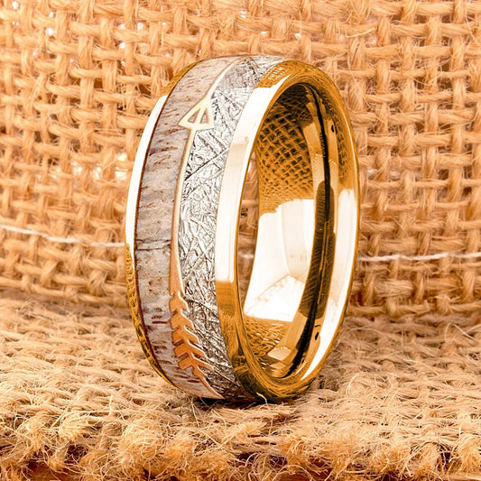 Luckacco Fashion 8mm Men Stainless Steel Rings Silver Color Brushed Deer Antler And Koa Wood Rings for Men Wedding Band Jewelry