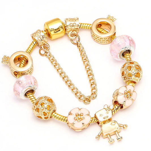 Luckacco TOGORY 2024 Authentic Gold Color Bees Dangles Charm Bracelet White Crystal Beads Fine Bracelet For Women Kids Birthday Gifts