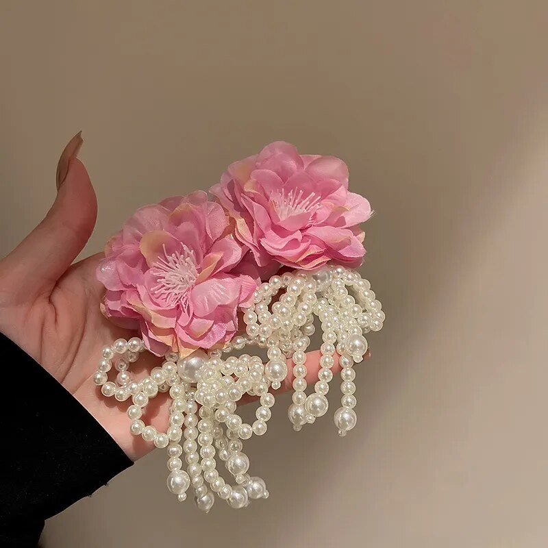 2022 New Bohemian White Pink Big Cloth Flower Earrings For Women Statement Jewelry Handmade Pearl Bowknot Tassel Pendientes