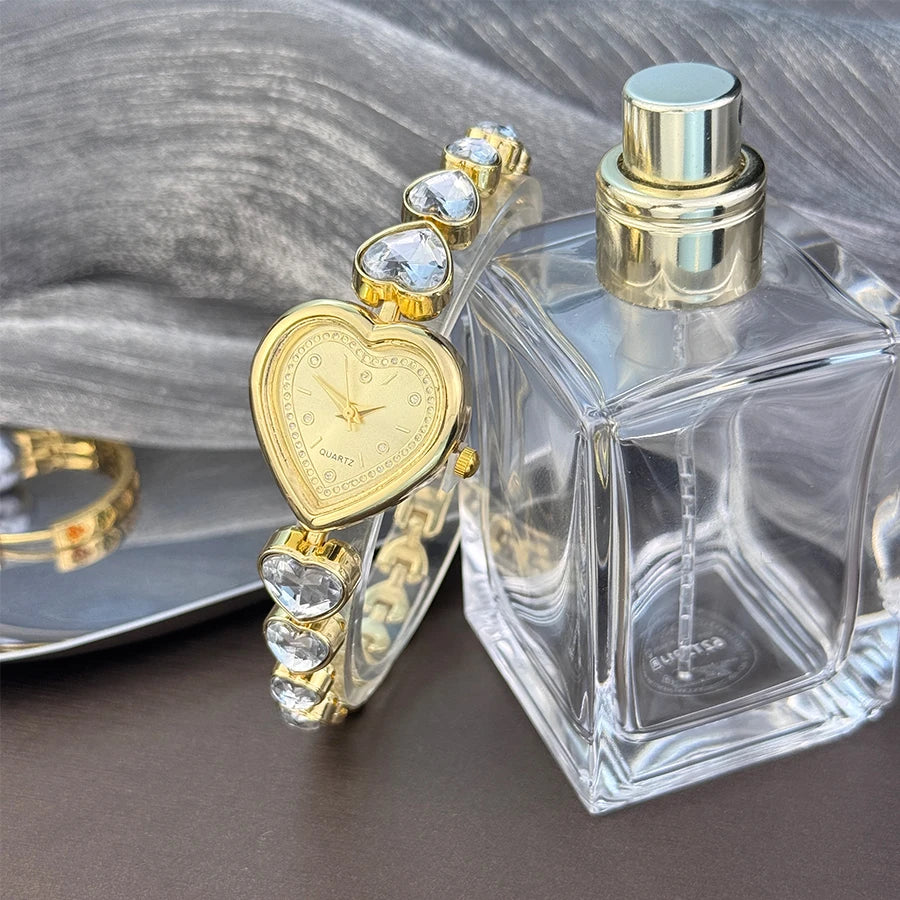 luckacco women's heart-alloy case sparkly cute heart-shaped glass rhinestone bracelet elegant stylish quartz watch