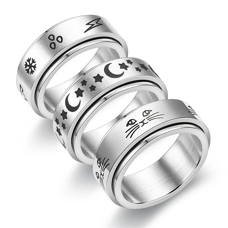 luckacco simple stainless steel anxiety fidget spinner rings for couple rotating anti stress wedding band knuckle ring fashion jewelry