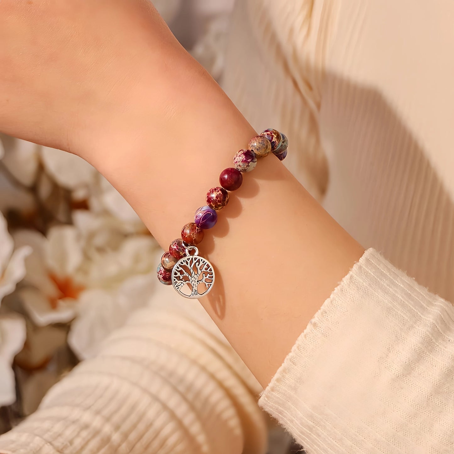 luckacco natural agate unique design tree of life beaded bracelet women's jewelry mom's christmas party favor with blessing card