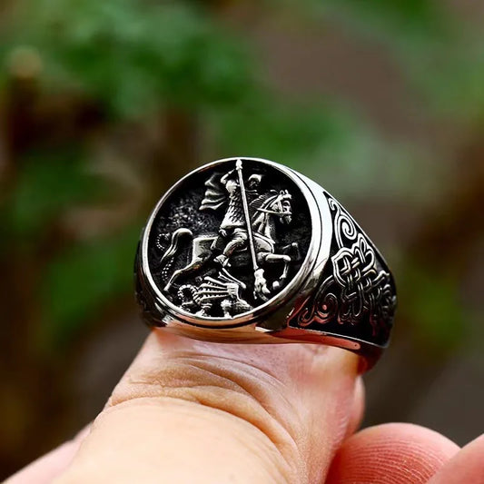 Luckacco Vintage St George and The Dragon Rings for Men Stainless Steel Jewelry Soldier's Protector Courage Luck Ring on The Battlefield