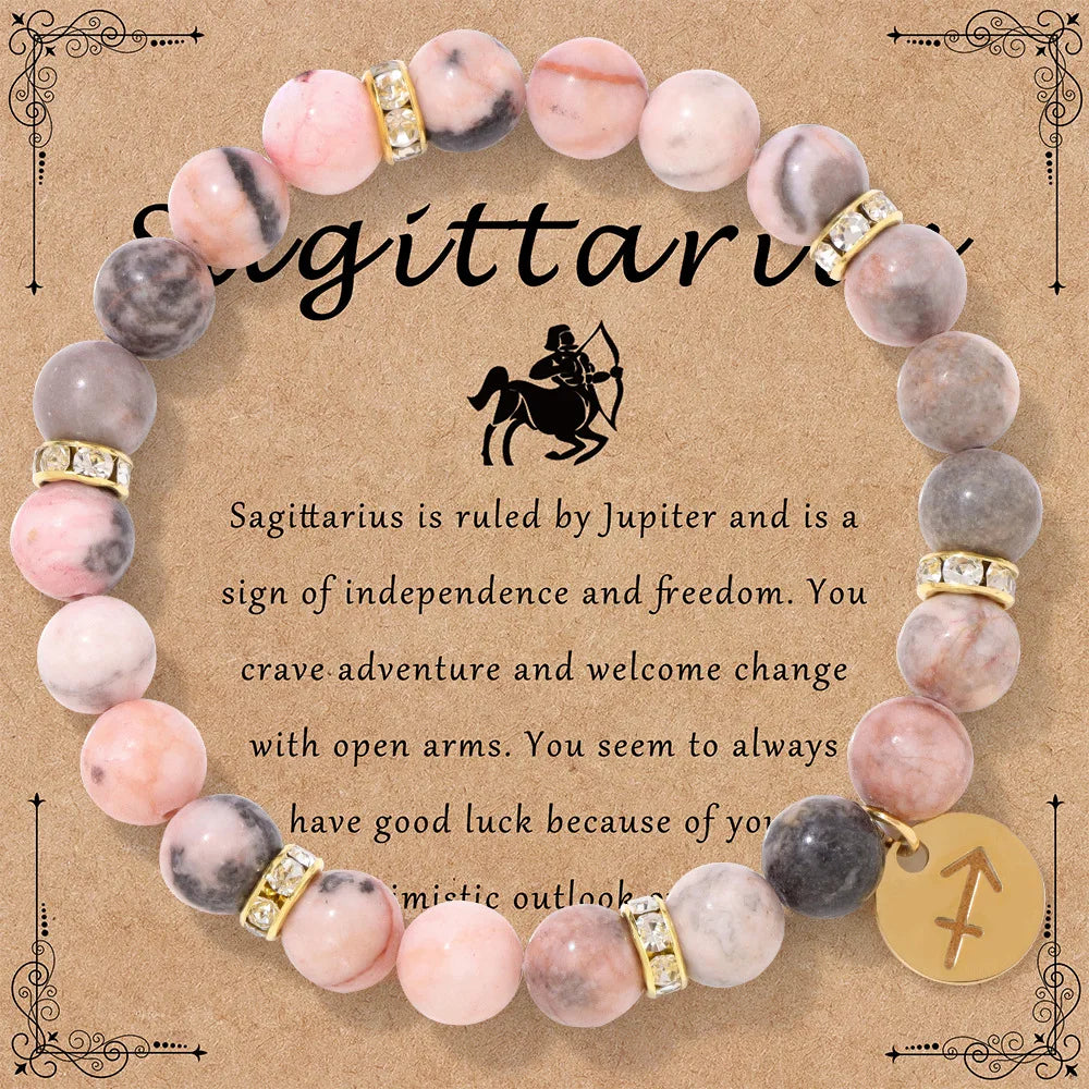 luckacco mhs.sun 12 star zodiac sign pink zebra stone beaded bracelets constellation fashion birthday party jewelry for women men
