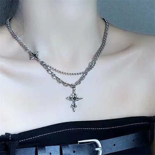 Luckacco Gothic Vintage Y2K Red Glass Heart Star Cross Pendant Pearl Bead Necklace For Women Men Aesthetic 90s Grunge Accessories Jewelry